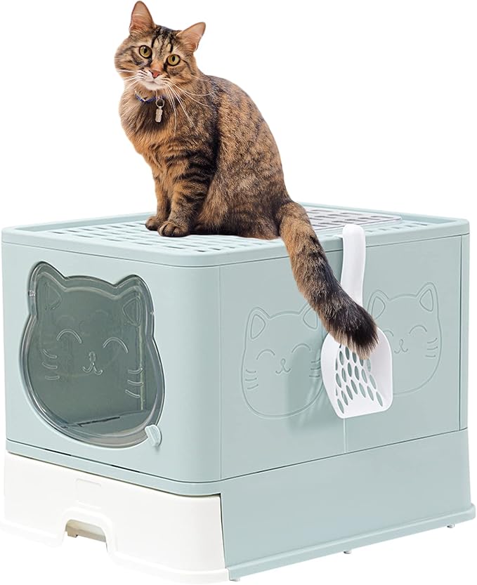 Top Entry Cat Litter Box with Lid, Anti-Splash Foldable Cat Litter Box with Activated Carbon Keeping Air Fresh, Drawer Type Easy to Clean (Green)