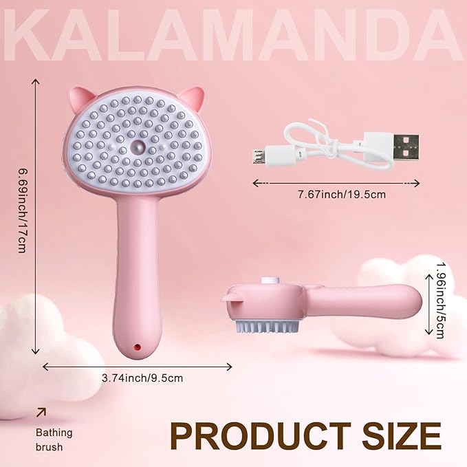 Cat Steam Brush for Shedding, 4 in 1 Steamy Cat Comb with Handle, Rubber Pet Misting Brush with Release Button for Indoor Kittens Small Animals(Pink)