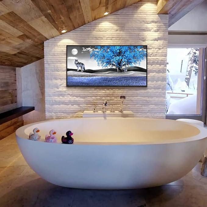 Framed Canvas Wall Art For Living Room Family Wall Decorations For Bedroom Modern Office Wall Decor Paintings Blue Tree Landscape Pictures Artwork Canvas Art Prints Home Decor Black Frame 20" X 40"