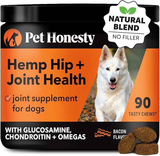 Hemp Hip & Joint Supplement for Dogs - Hemp Oil & Powder - Glucosamine Chondroitin for Dogs, Turmeric, MSM, Green-Lipped Mussel, Supports Mobility, May Reduce Discomfort (Bacon)