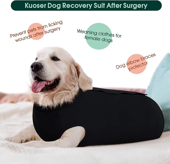 Kuoser Dog Surgery Suit Female Spay Male Neuter, Dog Leg Sleeve to Stop Licking Soft Dog Onesie for Abdominal Wound, Dog Recovery Suit Rear Leg Sleeves Pet Elbow Brace Protector, Black 2XL