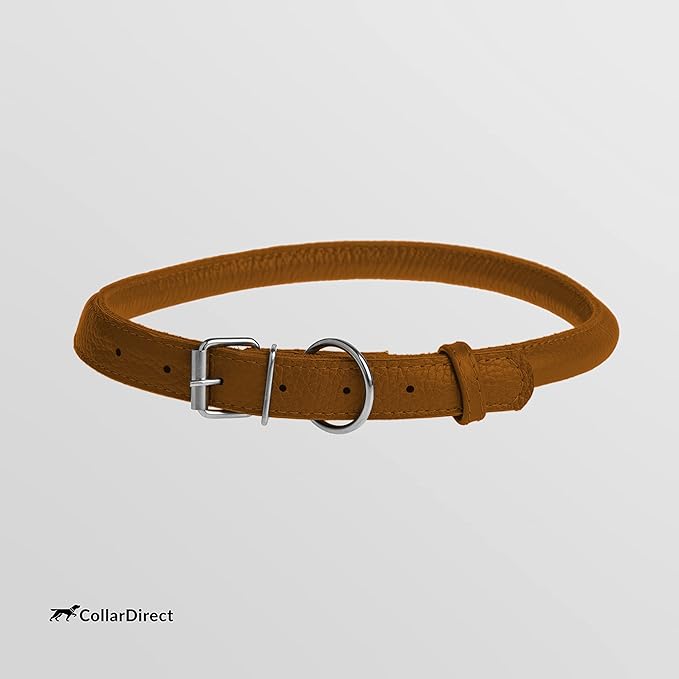 CollarDirect Rolled Leather Dog Collar, Soft Padded Round Puppy Collar, Handmade Genuine Leather Collar Dog Small Large Cat Collars 13 Colors (8-11 Inch, Cinnamon Textured)