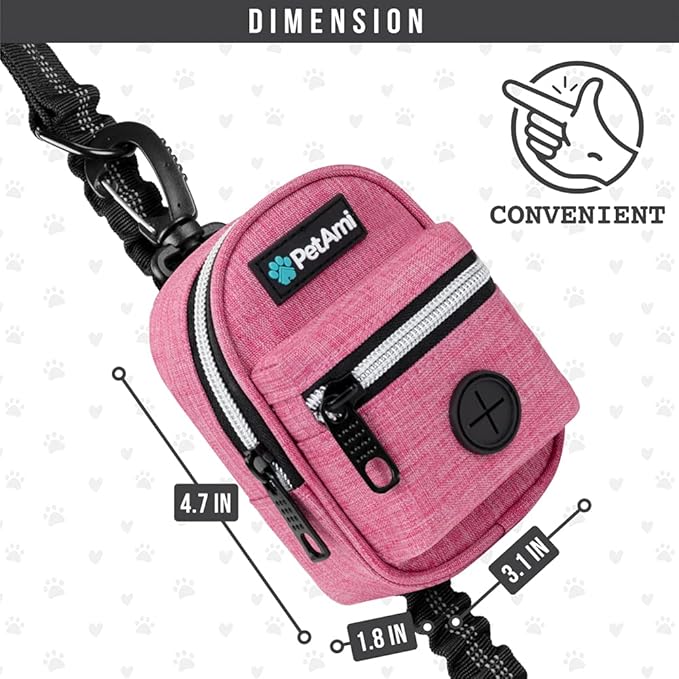 PetAmi Dog Poop Bag Holder For Leash, Dog Pet Waste Bag Dispenser For Poop With Clip For Doggie Puppy Walking Accessories Travel Camping, Dog Treat Pouch Supplies Must Have With Doggy Bag Roll, Pink