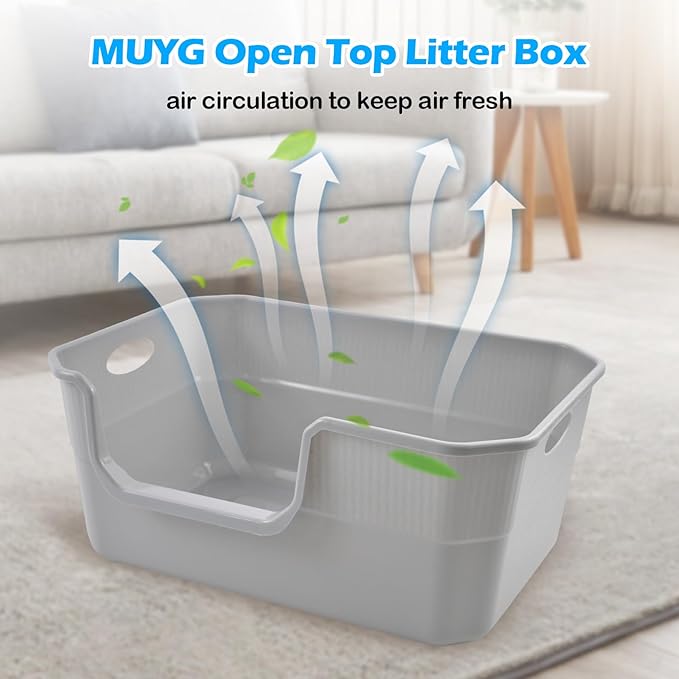 Large Open Cat Litter Box Low Entry,High Sided Cat Litter Pan Anti-Splashing Plastic Kitty Box Grey Kitten Pan with High Wall Easy Clean
