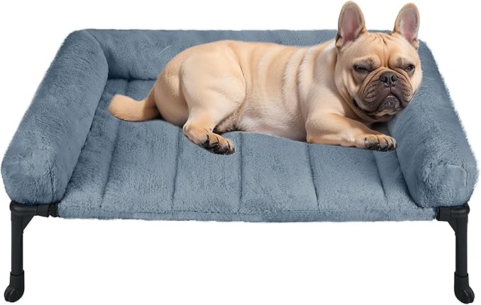 Veehoo Cooling Elevated Dog Bed with Fluffy Plush Bolster Cushion, Indoor Raised Dog Beds for Large Dogs, Soft Pet Sofa Cot with Removable Washable Mat, No-Slip Feet, 32 x 25 inches, Haze Blue