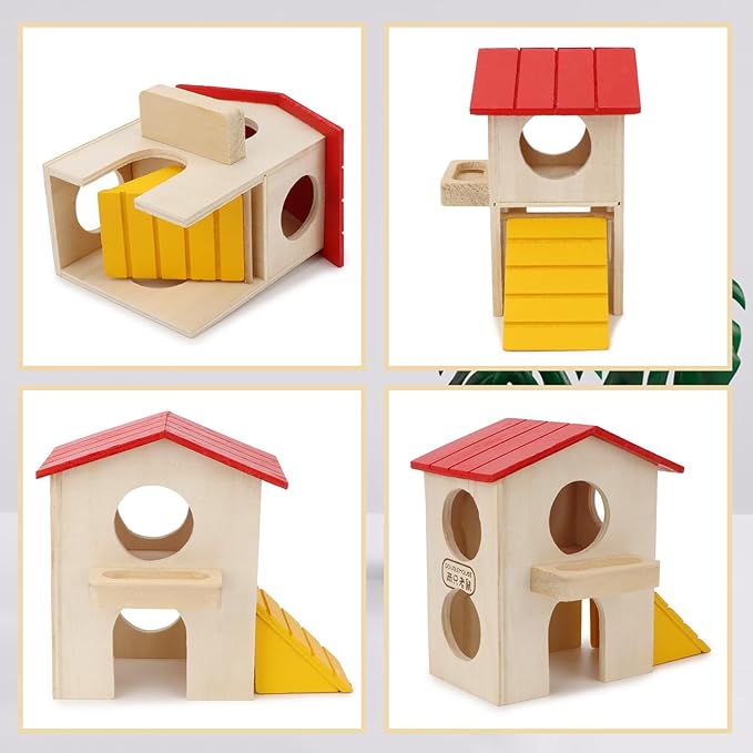 Hypeety Wooden Hamster Villa House & Maze Hideout Cage - Exercise Toys for Dwarf Hamsters, Gerbils, and Small Pets Natural Wooden Habitat with Climbing Accessories (Villa House)