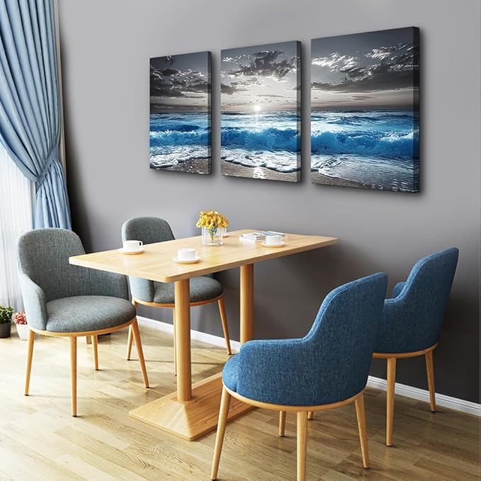TTHYUEWS Black And White Beach Pictures Large Wall Decor For Living Room Canvas Wall Art For Bedroom Modern Office Decorations Blue Sea Wave Ocean Paintings Artworks Canvas Art Home Decor 3 Pieces