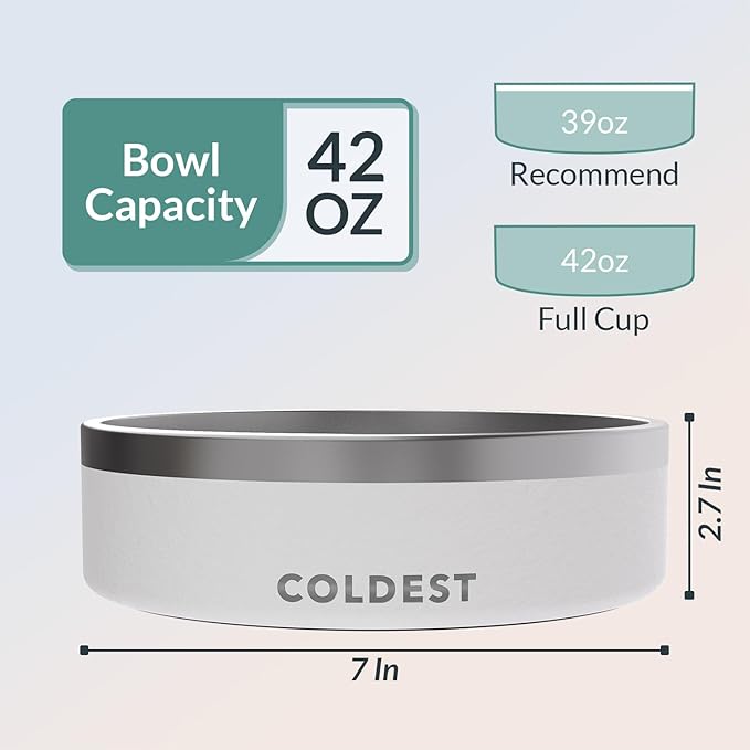 Coldest Dog Bowl - Anti Rust Metal, Non Slip, 3 Layers Insulated Stainless Steel Dog Bowls - Spill Proof & Heavy Duty - Water Bowl for Dogs, Cats & Pets, Dish Washer Safe (42 oz, Epic White)