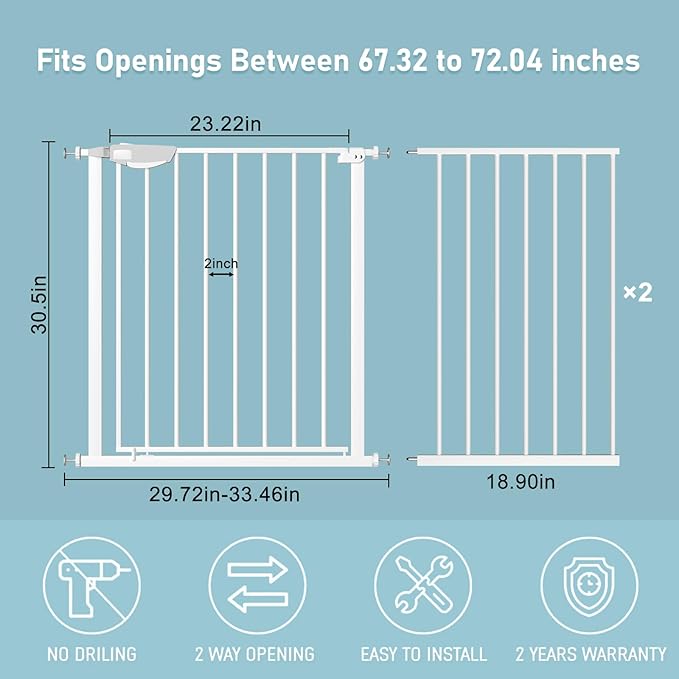 WAOWAO Triple Lock Baby Gate Extra Wide 67.32-72.04" Pressure Mounted Walk Through Swing Auto Close Safety White Metal Dog Pet Puppy Cat for Stairs,Doorways,Kitchen