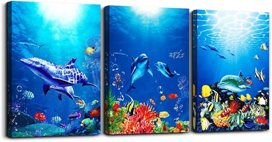 blue ocean fish 3 Pieces Framed Wall Art for Living Room Bathroom Wall Decoration Canvas Print Children's Bedroom Wall decor Office Kitchen Home Decoration Underwater World Watercolor Painting