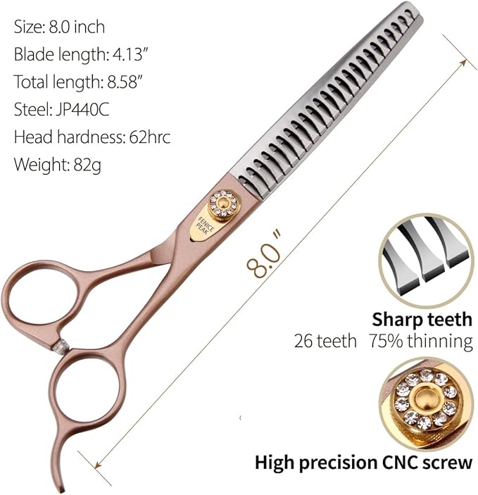 Fenice Peak Thinning Shears for Dogs and Cats Rose Gold Pet Grooming Scissors Chunkers Shears 440C Stainless Steel Professional Dog Trimming Scissors 8''