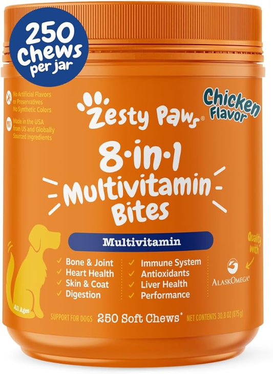 Zesty Paws Dog Multivitamin, Chewable Dog Vitamins and Supplements for Hip & Joints, Skin & Coat, Omega 3 Fish Oil for Dogs- Senior & Puppy Multivitamin - Chicken- 250ct
