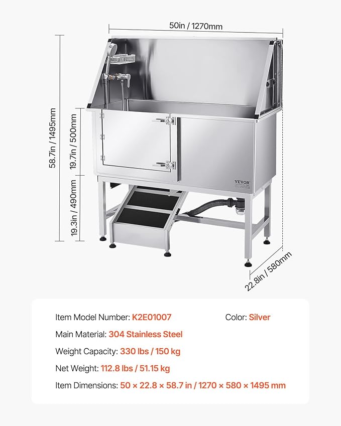 VEVOR Stainless Steel Dog Washing Station, 50 inch Pet Grooming Tub w/Ramp, PE Water Filter Board, Faucet & Showerhead & Soap Holder Dog Bathtub for Large & Medium & Small Pets (Left Door)