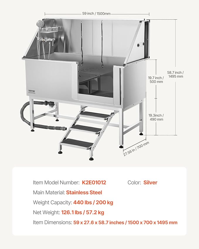 VEVOR Stainless Steel Dog Washing Station, 62 inch Pet Grooming Tub w/Stairs, PE Water Filter Board, Faucet & Showerhead & Soap Holder Dog Bathtub for Large & Medium & Small Pets (Right Door)