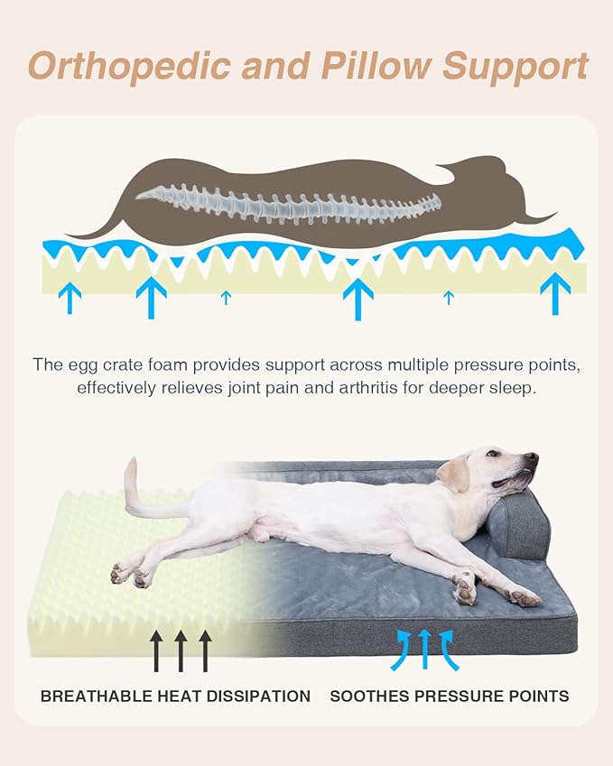 KSIIA Orthopedic Dog Bed for Large Sized Dog，Washable Pet Sofa with U-Shaped Bolster Removable Waterproof Cover Non-Slip Bottom and Egg-Crate Orthopedic Foam Pet Couch Bed, 41 x 27 Inch, Dark Gray