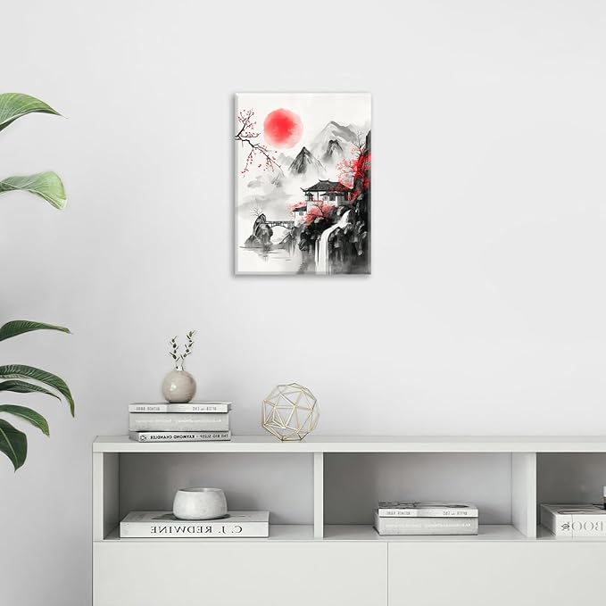 Japanese Wall Art Canvas Asian Nature Wall Decor Prints Framed Painting Mountain Landscape Pictures Gifts Artwork for Bathroom 12"x16"