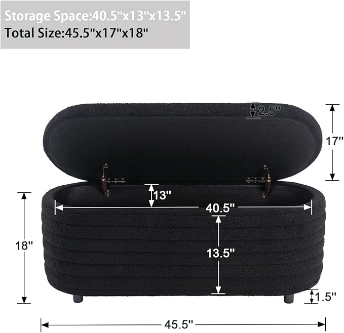 Kmax Storage Bench Faux Fur Entryway Bench Upholstered Ottoman Bench for Bedroom Living Room Hallway, Black