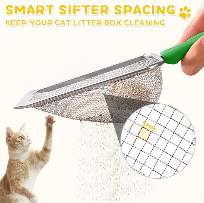 Metal Cat Litter Scoop,Sturdy Litter Cleaner Corner Shovel,Stainless Steel Mesh Litter Shovel,Easy to Clean Reptile Terrarium Sand Waste(Green)