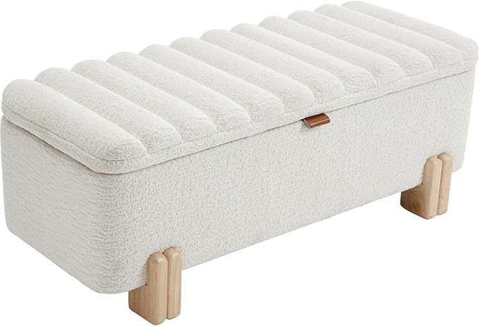 Kmax 45" Storage Bench Faux Fur Entryway Bench Upholstered Ottoman Bench with Wavy Top & Safty Hinge for Bedroom Living Room Hallway, White