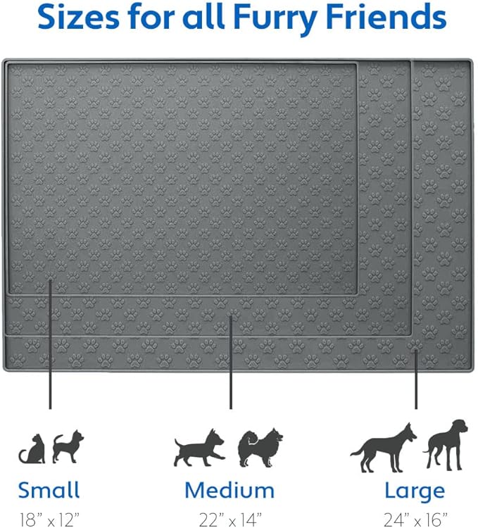 MIGHTY MONKEY 100% Waterproof Dog Food Mat, Raised Edges Silicone Pet Feeding Placemat for Cat, Dogs, Pet Bowls, High Lipped Tray Prevents Water Spills, Food on Floor, Dishwasher Safe, 22x14, Gray