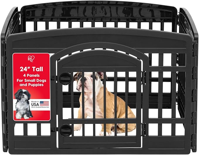 IRIS USA 24" 4-Panel Dog Playpen with Door, 35 x 35 x 24, Puppy Playpen, Dog Play Pen Indoors, Pet Fence, Puppies/Small Dogs, Black
