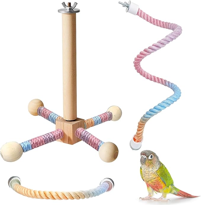 BNOSDM Bird Rope Perch with Stand Perch Toy Set Bendable Rope Perches Wooden Spinning Exercise Wheel Toy Parrot Cage Accessories for Parakeets, Conures, Lovebirds, Budgies, Cockatiels (Rainbow Color)