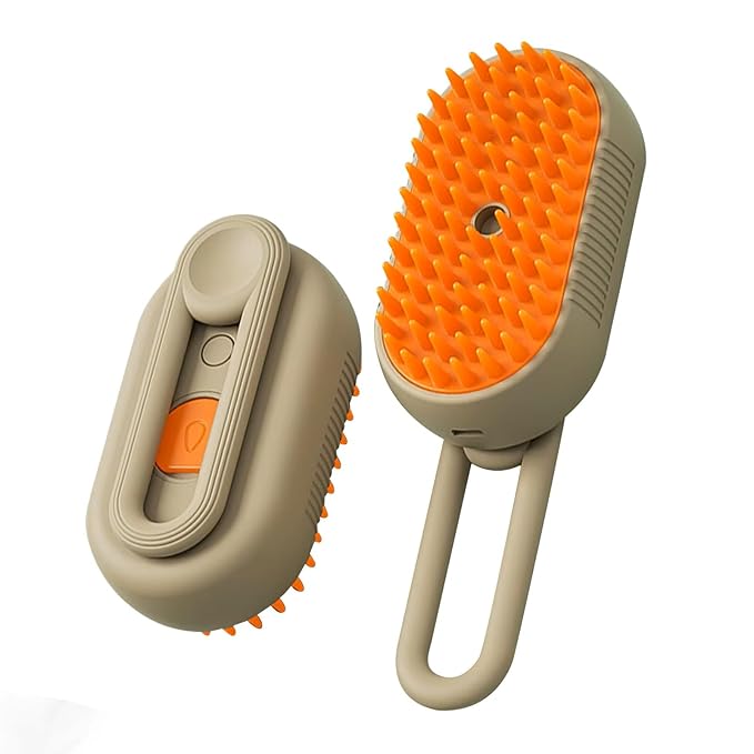 Rechargeable Steam Pet Brush – Grooming & Deshedding Tool With Adjustable Handle | Cordless & Quiet (Brown)
