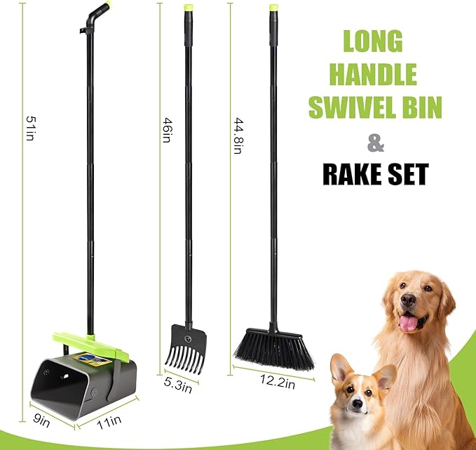 Pooper Scooper Swivel Bin & Rake Kit with 35 Bags – 46" Long Handle Heavy Duty Dog Poop Scooper with Bag Attachment, Yard Pet Waste Cleanup Tool for Large Medium Small Dogs