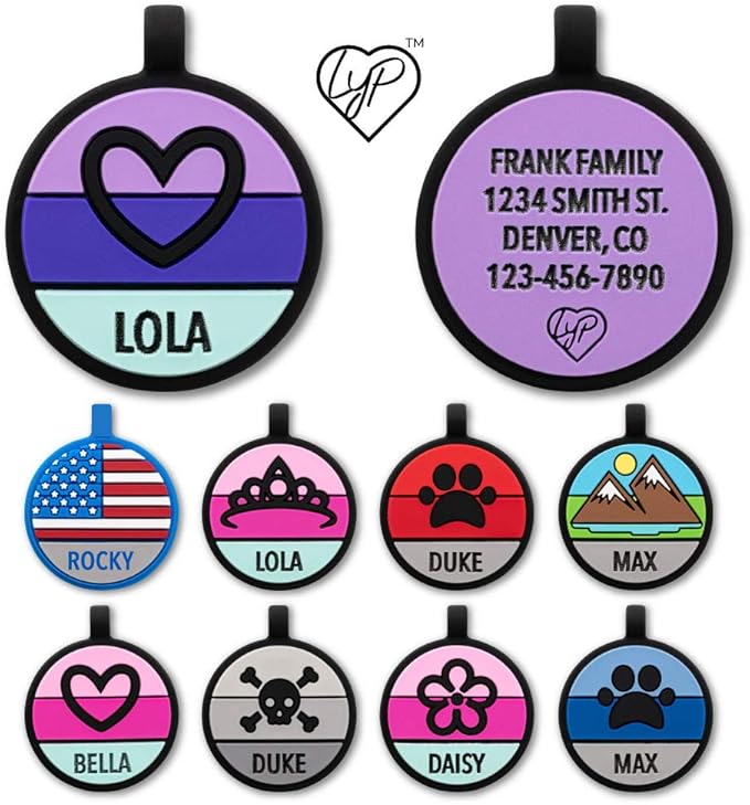 LYP - Our Original Soundless Pet ID Tag - Largest Line of Silicone Dog Tags - No More Jingling Dog Tags -Durable - Never Fades - Customized Deep Engraved Silicone (Heart - Purple)