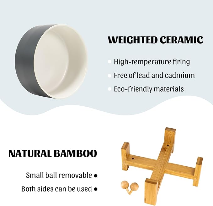 SPUNKYJUNKY 15° Slanted Ceramic Dog and Cat Bowl with Wooden Stand, Tilted Bulldog Food and Water Bowl No Slip Non-Spill for Cats Medium Dogs Big Face Pets 28.7 OZ (3.6 Cups, White-Grey)