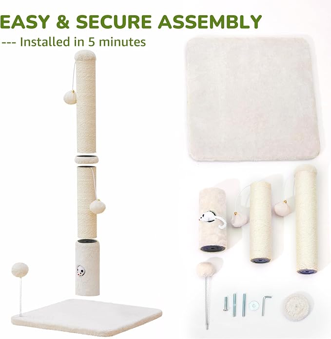 Cat Scratching Posts 33" for Adults Cats, Cat Scratcher with Soft Fabric Covering Base and Durable Sisal Rope, Scratcher with Fun Mouse Hole and Cat Toy for Tall Cats (White)