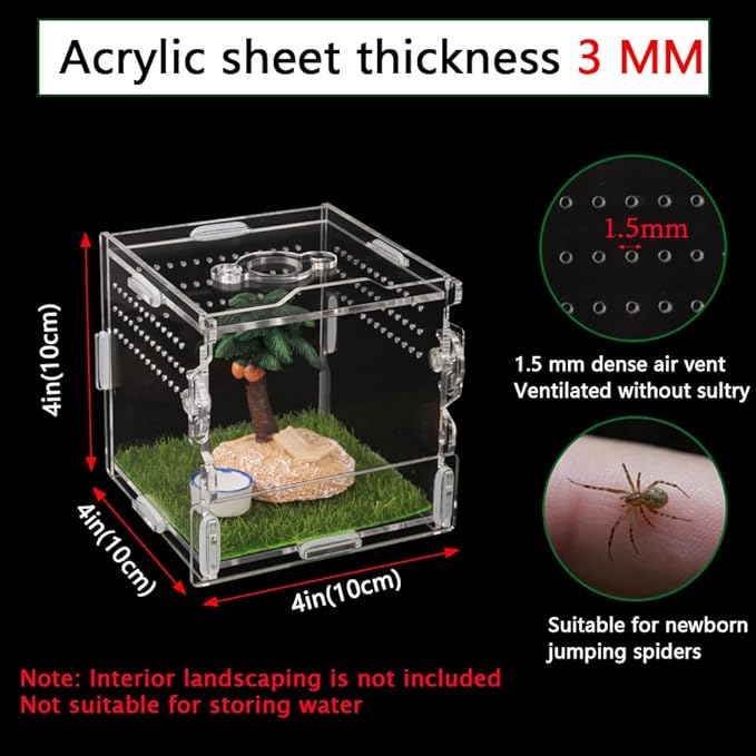 Reptile Terrarium,Tarantula Enclosure,Jumping Spider Enclosure for Tarantula Scorpion Sling Isopods Snail Reptile Invertebrates Accessories（4" X4 X4 ）