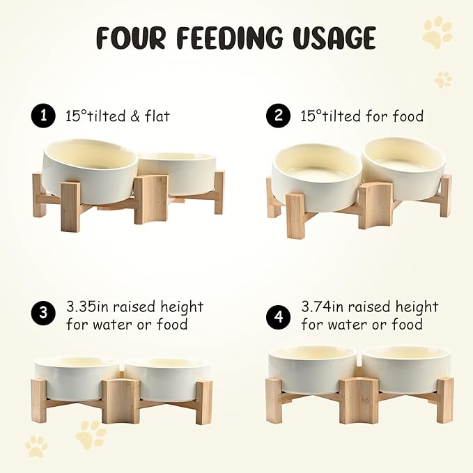 SPUNKYJUNKY 15° Slanted Ceramic Dog and Cat Bowl with Wooden Stand, Tilted Bulldog Food and Water Bowl No Slip Non-Spill for Cats Medium Dogs Big Face Pets 13.5 OZ (1.7 Cups, Beige × 2)