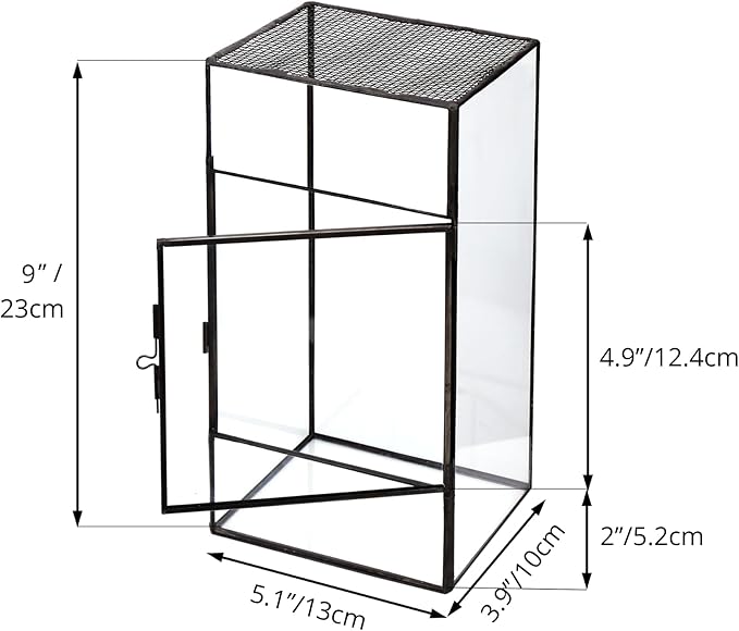 NCYP Glass Terrarium with Door and Mesh for Small Insects - 5.1 x 3.9 x 9 Inches Rectangle Reptile Habitat, Black - Modern Home Tabletop Decor (Terrarium Only)