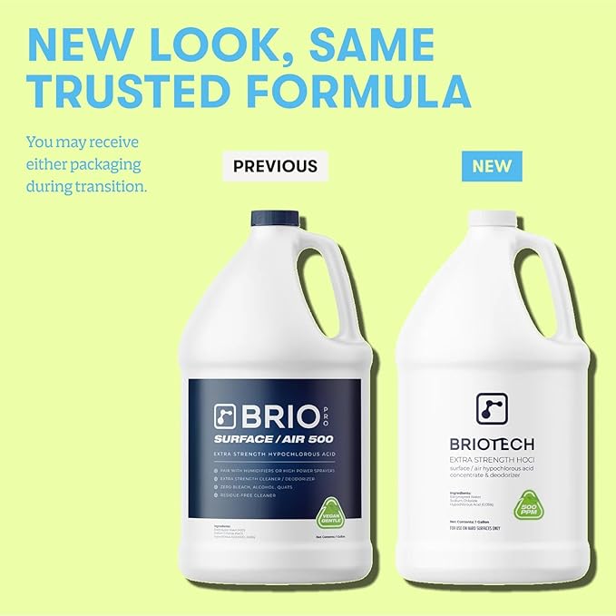 BRIOTECH Extra Strength HOCl Cleaner, 500 PPM Hypochlorous Acid Concentrate, ULV Foggers & Humidifiers, Professional Deodorizer for Dental, Offices, Schools, Homes, Peroxide Free, 1 Gallon