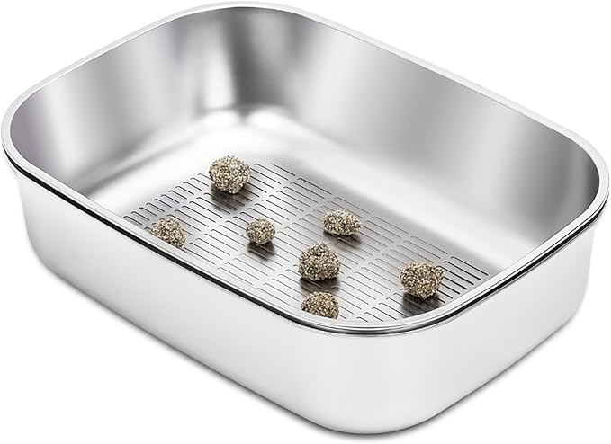 Stainless Steel Sifting Litter Box with Lid, Metal Litter Pan with Scoop for Big Cats Multi Cat, Extra Large Cats Litterbox Odor Control, Easy Clean (23*16.5*16.5inch-with Enclosure, X-Large)