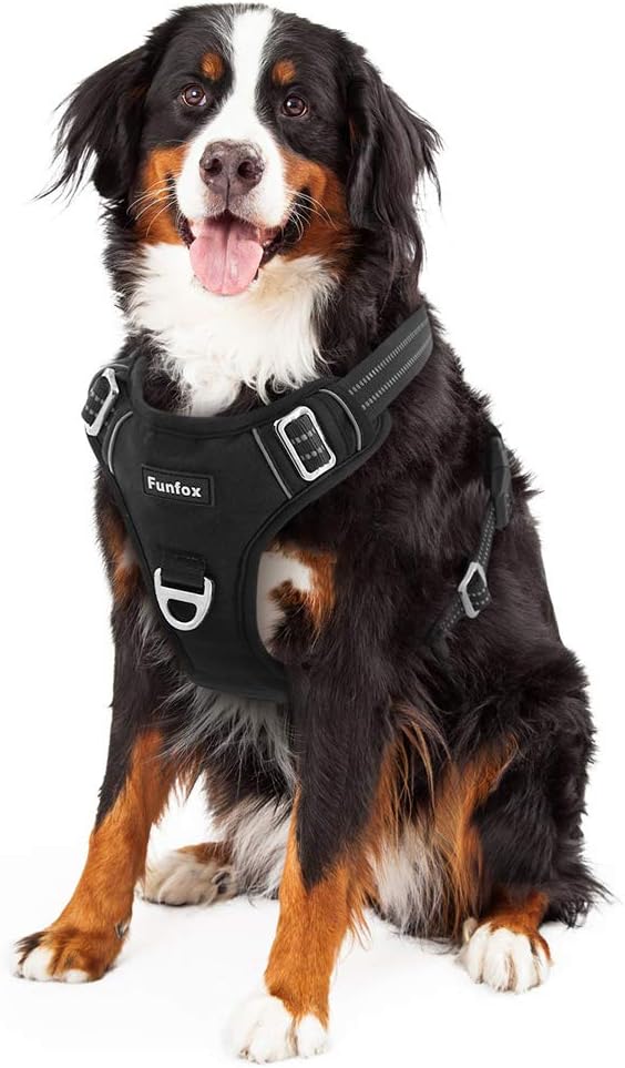 Funfox Dog Harness No Pull, Adjustable Dog Vest Harness Super Soft, 2 Leash Clips Anti Pull, Vertical Handle Easy to Control, Reflective Night Walking for XLarge Breed, Black, XL