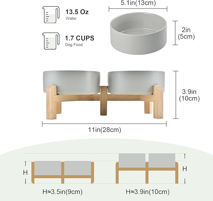 SPUNKYJUNKY Elevated Dog Bowls Ceramic, 5.1'' Dogs and Cat Food Water Bowls Raised with Non-Slip Bamboo Stand for Puppy Small Sized Breed Microwave Dishwasher Safe - 13.5 OZ,Grey