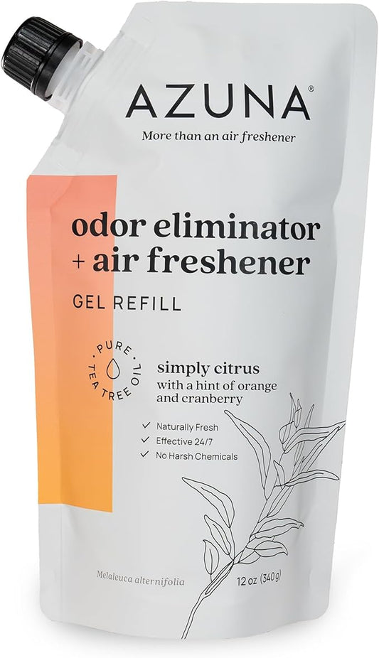 Azuna All-Natural Odor Remover Gel Refill Pouch | Air Purifier with Tea Tree Oil | Plant-Based & Long Lasting | For Pet Odors, Smoke & Strong Odors | Simply Citrus, 12 oz.