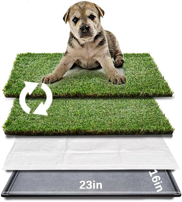 HQ4us Dog Grass Pad with Tray Small 23" x 16" Dog Litter Box Toilet for Puppy (No Grate) with 2×Artificial Grass for Dogs with Hemmed Edge, Pee Pads for Dogs, Realistic, Less Stink, Potty for Balcony