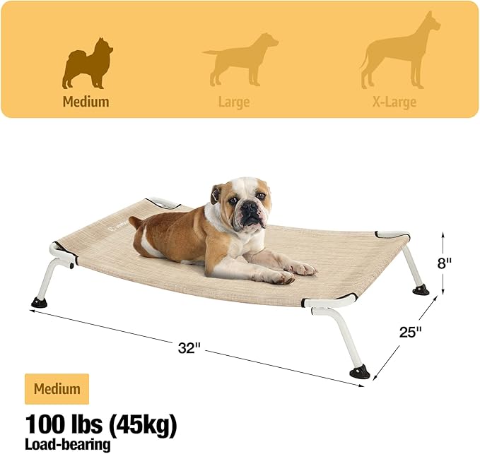 Veehoo Elevated Dog Bed for Outdoor, Cooling Waterproof Raised Dog Cots Beds for Medium Dogs, Curved Off Ground Pet Hammock Cot Lifted for Outside, up to 65lbs, White Legs, Beige 32"