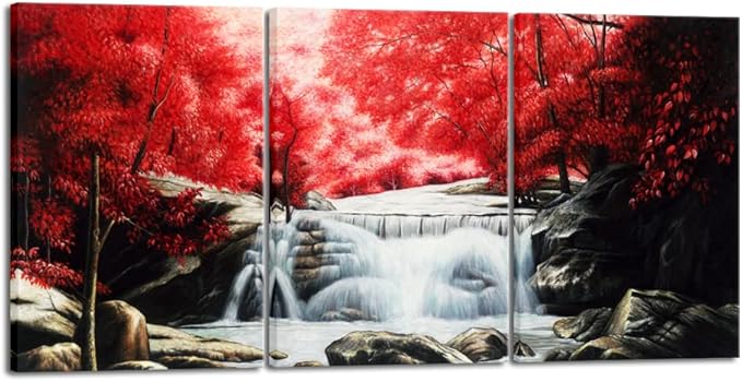 Wieco Art 3 Piece Red Forest Waterfalls Canvas Prints Wall Art for Living Bedroom Room Home Decorations Modern Gallery Wrapped Landscape Tree Oil Paintings Reproduction Pictures Artwork