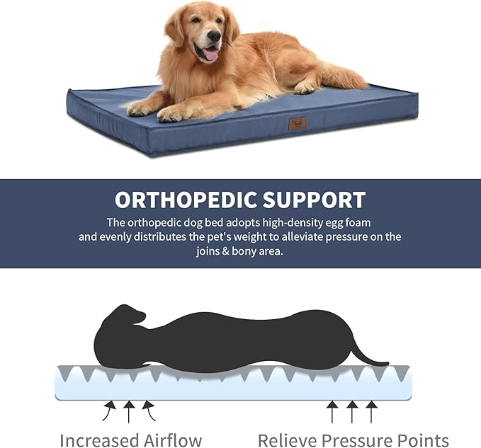 Outdoor Waterproof Dog Bed, Dog Bed for Medium Dogs, Orthopedic Egg Foam Pet Bed with Washable and Removable Oxford Cooling Cover, Navy