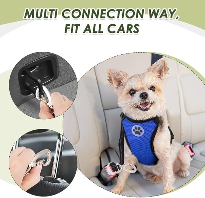 SlowTon Dog Seat Belt Harness for Car, Dog Car Harness Adjustable Mesh Breathable & Dog Seatbelt Safety Tether with Elastic Bungee for Small Medium Large Pets(Blue, Double Clip, S)
