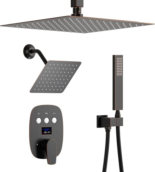 Oil Rubbed Bronze Shower System Digital Display Shower Set with Handheld Spray, 12 inch Ceiling Mounted Shower Head and 8 inch Wall Mounted Shower Head
