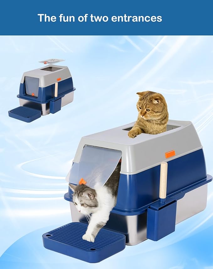 XL Stainless Steel Enclosed Litter Box with Covered for Indoor Cats, High Sides, Eliminates Odors, Easy Clean, Blue, FOXORU