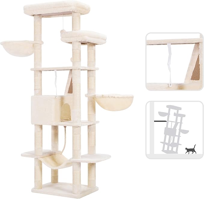 Heybly Cat Tree, 68 inch Multi-Level Cat Tower for Indoor Cats, 2 Widened Plush Perches Cat Condo with Scratching Board and Big Caves, Beige HCT025M
