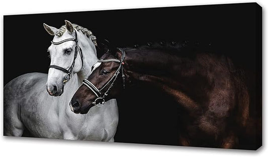 LK0650-Jiuqinghua Wall Art Canvas Print Picture White and Brown Horses 1 Panel Wild Animal Painting Artwork for Living Room Bedroom Office Home Wall Decor Stretched and Framed Ready to Hang