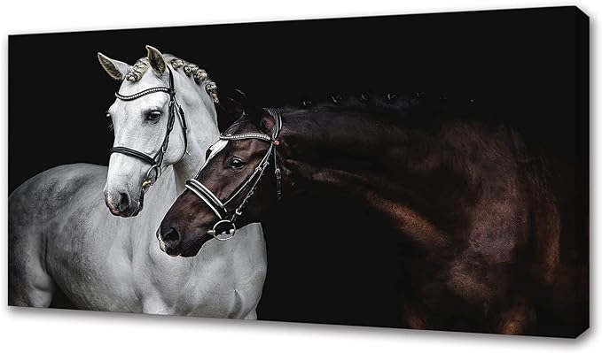 Jiuqinghua Wall Art Canvas Print Picture White and Brown Horses 1 Panel Wild Animal Painting Artwork for Living Room Bedroom Office Home Wall Decor Stretched and Framed Ready to Hang 24x48inches