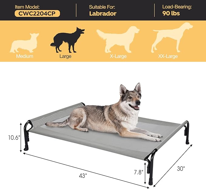 Veehoo Outdoor Elevated Dog Bed, Raised Dog Cot for Large Dogs, Cooling Washable Waterproof Pet Hammock Beds with Slope Headrest, Breathable Mesh and Sturdy Frame, Large, Grey, CWC2204